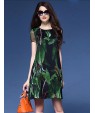 Women's Vintage Print Sheath Dress,Round Neck Above Knee Silk