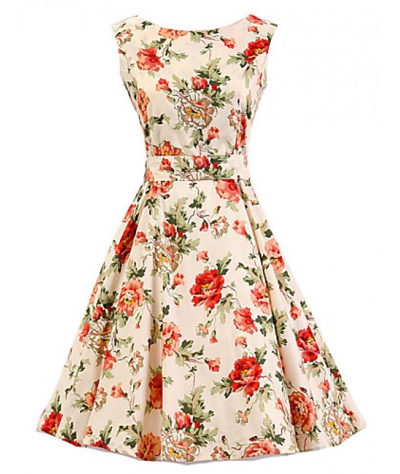 Women's Cream Floral Dress , Vintage Sleeveless 50s Rockabilly Swing Short Cocktail Dress