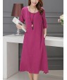 Women's Plus Size / Going out / Loose Dress,Solid Round Neck Midi ? Length Sleeve Red / Black / Purple Cotton / Linen