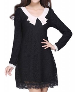 Women's Solid White / Black Dress , Casual Round Neck Long Sleeve