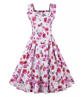 Women's Plus Size Vintage Swing Dress,Floral Strap Midi Sleeveless Pink Cotton Summer