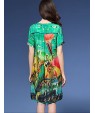 Women's Vintage Print Plus Size / Loose Dress,V Neck Asymmetrical Silk