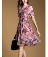 Women's Vintage Print Sheath Dress,V Neck Knee-length Silk