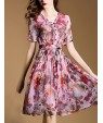 Women's Vintage Print Sheath Dress,V Neck Knee-length Silk