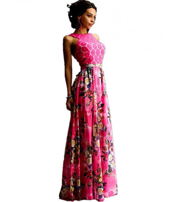 Women's Sexy / Boho Floral Sheath / Swing Dress , Crew Neck Maxi Polyester