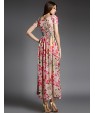 Women's Party/Cocktail Boho A Line Dress,Floral Square Neck Maxi Short Sleeve Pink Cotton Summer