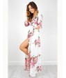 Women's Going out Boho Swing Dress,Floral Deep V Maxi Long Sleeve White Polyester Summer