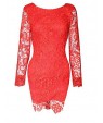 Women's Party/Cocktail / Going out Sexy Lace Dress,Solid Round Neck Mini Long Sleeve Red / Black Cotton / Polyester Summer Mid Rise